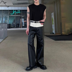 Hearujoy Mens Genderless Biker Black White Spliced Leather Pants Sexy Nightclub Contrast Color High Waisted Straight Leg Leather Pants