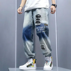 Hearujoy Men's Jeans Harem Torn Tapered Vintage Loose Trousers with Print Regular Kpop Boot Cut Slim Fit 2024 Trend Soft Man Cowboy Pants