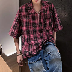 HEARUJOY - Mens Hot Diamond Plaid Half-Zip Casual Shirt Streetwear Fashion Youth Campus Versatile Short-Sleeve Tops Men'S Clothing 2025 New