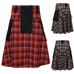 Hearujoy Mens Plaid Pleated Pocket Scottish Skirt 2024 New Genderless Fashion Youth Casual Medieval Retro Simple Steampunk Skirt Unisex