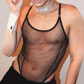 Hearujoy Mens see-through diamond suspender T-shaped mesh jumpsuit nightclub sexy youthful trendy thin breathable tight jumpsuit for men