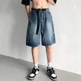 Hearujoy Mens Y2k Sports Casual Jeans Spring Summer New Genderless Fashion Loose Streetwear Solid Color short jeans with Belt Unisex