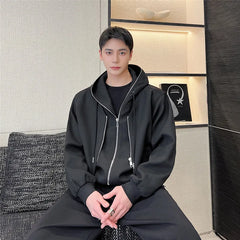 Hearujoy Korean Spring Streetwear Hooded Sweatshirt Casual Fake Two Piece Jacket Solid Color Double Zippers Male Clothing Spring
