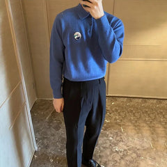 Hearujoy Mens Embroidered Knitted Sweater 2024 New Genderless Fashion Versatile Youth Retro Solid Color Lapel Knitted Sweater Unisex
