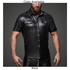HEARUJOY - Men\\\'s Clothing Top Autumn Collared Faux Leather Wet Look Men Regular S-2XL Solid Color Tee Top Blouse Uniform Shirt