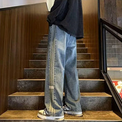 HEARUJOY - Spring And Summer New Straight Leg Pants Side Stripes Classic Blue Casual Jeans Men Korea Designer Clothes Baggy Jeans Man