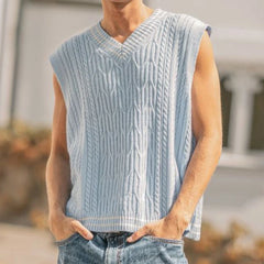 HEARUJOY - Men's Color Matching Knitted Sleeveless Vest Retro Fashion Trend Simple Casual Loose Breathable Summer New Men's Tops