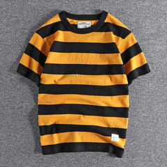HEARUJOY - Summer Casual Stripe Short Sleeve T Shirt Streetwear American Styles Heavyweight Men's Cotton Loose Half Sleeve Tops Tee