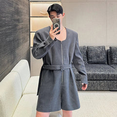 Hearujoy Summer Men's Jumpsuit One-piece Belted Shorts Suit Shaped Low Neck Zippersolid Color Male Rompers Personality 9C5466