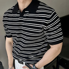 Hearujoy Summer Men's Clothing Light Luxury Knit Polo Shirt Korean Striped Short Sleeve Retro Breathable Fashion Leisure V Neck Knitwear