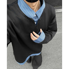 HEARUJOY - Black Grey Lapel Hoodie Men Fashion Striped Sweatshirt Men Streetwear Korean Loose Pullover Hoodie Mens Hoody Large Size 4XL