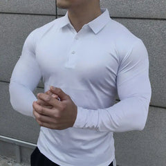 HEARUJOY - Korean Autumn Casual Fitness Polo Shirt Men Solid Button Slim Elastic Versatile Sports Breathable Quick Drying Long Sleeved Tops