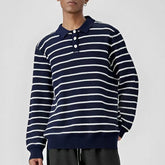 HEARUJOY - Men's Button Polo Collar Business Stripe Pullover Sweaters Streetwear Fashion Loose Casual Vintage Knitted Sweater For Male Tops