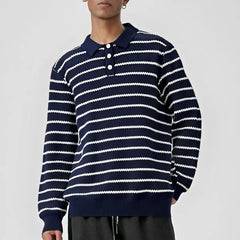 HEARUJOY - Men's Button Polo Collar Business Stripe Pullover Sweaters Streetwear Fashion Loose Casual Vintage Knitted Sweater For Male Tops