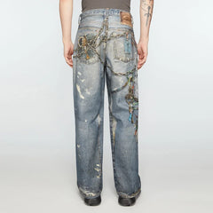 Hearujoy High Street Chain Print Frayed Washed Baggy Jeans for Men and Women Y2k Casual Loose Denim Trousers Ropa Hombre Casual Pants