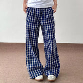 HEARUJOY - Blue Checkered Straight Leg Pants Mens Retro Trendy Loose Couple Casual Trousers Multiple Buckles College Pantalones Hombre