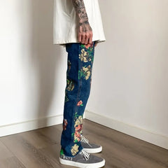 HEARUJOY - Y2K Fashion Flowers Print Slim Hip Hop Jeans Pants For Men Clothing Skateboard Streetwear New Rock Denim Trousers