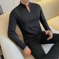 HEARUJOY - New Chinese Solid Color Slim and Simple Men's T-shirt Stand Collar Elastic Casual V-neck T Base Shirt