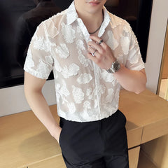 HEARUJOY - Summer Mens Mesh Lace Short Sleeve Shirt Men Streetwear Hollow-Out Dance Shirts Male Nightclub Disco White Shirts Tops