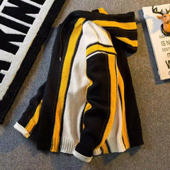 HEARUJOY - American Vintage Patchwork Striped Knitting Hoodie Men Autumn Winter Fashion Loose Hooded Sweatshirt High Street Sweater Warm