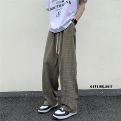 Hearujoy Summer/Autumn Plaid Pants Men Loose Casual Straight Trousers for Male/Female Harajuku Hip-hop Streetwear Wide-leg Mopping Pants