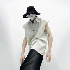 Hearujoy Summer Wave Striped Ribbed Lapel Tank Top Mens Fashion Streetwear Vintage Solid Loose Vest Sleeveless Tees Tops Sexy Polo Shirt