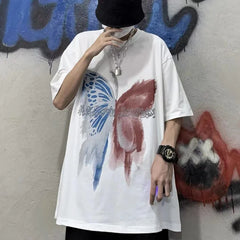 Hearujoy Men's T-Shirts Summer New Hip Hop Butterfly Graffiti Print Loose Short Sleeved Top Fashion Casual Couple Oversized Male Clothes