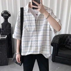 HEARUJOY - Striped Plaid Short-sleeved Shirt for Men Loose and Versatile Casual and Daily Tops