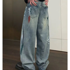 HEARUJOY - Street Graffiti Mens Jeans Autumn High Street Color Blocked Washed Wide Legs Cowboy Pants Loose Straight Tube Denim Trousers