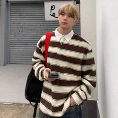 Hearujoy American Patchwork Contrasting Polo Shirt Men's Loose Spring Autumn Korean Casual Versatile Retro Striped Long Sleeved T-shirt