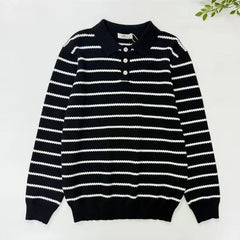 HEARUJOY - Men's Button Polo Collar Business Stripe Pullover Sweaters Streetwear Fashion Loose Casual Vintage Knitted Sweater For Male Tops