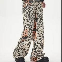 HEARUJOY - High Street Retro Jeans Mens Washed Old Leopard Print Full Print Cowboy Trousers Hip Hop Straight Wide Leg Denim Overalls Summer