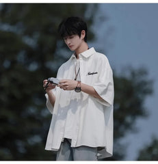 HEARUJOY - Retro Japanese Men's Casual Short Sleeve Shirt Spring Summer Loose Fit Versatile Youth Button Loose Half Sleeve Blouse Shirts