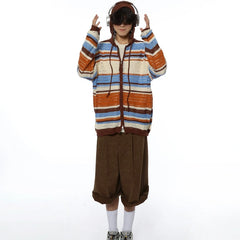 HEARUJOY - American Striped Cardigan Mens Spring Summer Color Block Sunscreen Hooded Sweater Jacket Hollow Zipper Retro Knitted Shirt