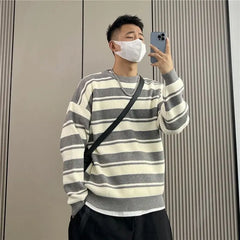 HEARUJOY - Retro Striped Men's Loose New Trendy Round Neck Sweater