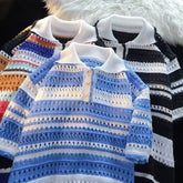 HEARUJOY - Striped Kint Polo Shirt For Men Vintage Loose Short Sleeve Tops New Fashion Hollow Out knitting Color Blocked Tshirts