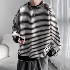 Hearujoy Long Sleeved T-shirt Men's Hong Kong Style Trend Ins Loose T-shirt Striped Sweatshirt Base Shirt Men's Top Coat