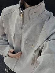 HEARUJOY - Vintage Men's Stand Collar Zip-up Jacket Coat Fall Winter New Casual Multi Pockets Cargo Jackets For Men Fashion Cardigan Tops