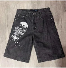 HEARUJOY - American street rhinestone retro pocket washed wide-leg denim shorts summer y2k Harajuku high-waist straight knee-length shorts