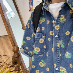 HEARUJOY - Summer Men Vintage Denim Shirts Short Sleeve Floral Printed Blouse Casual Loose Male Jean Coats Single-breasted Pocket Tops