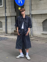 HEARUJOY - Cowboy Retro Set Mens Summer Big Pocket Washed Denim Shirt+loose Wide Leg Seven Quarter Jeans 2-cps American Street Unisex Suit