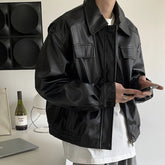 HEARUJOY - Men's Casual Texture PU Leather Jacket High Street Zippers Turn-down Collar Long Sleeve Retro Coat with Pocket Spring Autumn