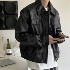 HEARUJOY - Men's Casual Texture PU Leather Jacket High Street Zippers Turn-down Collar Long Sleeve Retro Coat with Pocket Spring Autumn