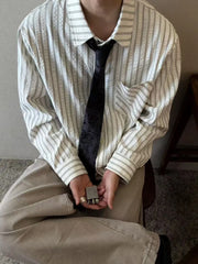 HEARUJOY - Spring Fall Casual Mens Striped Printed Shirt Long Sleeve Button-up Turn-down Collar Vintage Shirts Men Daily Leisure Cardigans