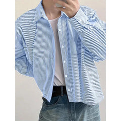 HEARUJOY - New Japanese Trendy Men Shirts Light Luxury Textured Lapel Striped Long Sleeve Cardigan Tops Leisure Premium Loose Blouse M-2XL