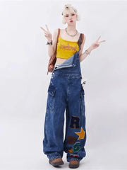 Hearujoy y2k letter embroidery all-match denim overalls women's summer retro loose slim fashion retro wide-leg jumpsuit women's clothing