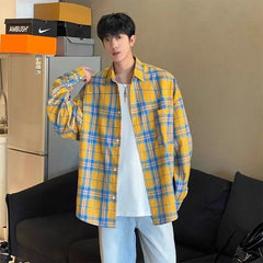 HEARUJOY - Casual Yellow Plaid Long-sleeved Lapel Shirt Versatile Loose Jacket for Men and Women Couples