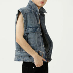 Hearujoy High Street Street Korean Style Simple Denim Vest Jacket Men's Tide Brand Lapel Collar Distressed Denim Tooling Vest