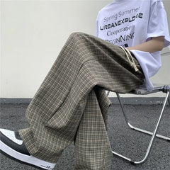 Hearujoy Summer/Autumn Plaid Pants Men Loose Casual Straight Trousers for Male/Female Harajuku Hip-hop Streetwear Wide-leg Mopping Pants