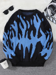 HEARUJOY - New Popular Fire Pattern Pullover Ripped Sweater Casual Round Neck Knitted Men's Gift Pullover